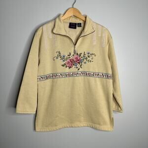 Renee Sport Women's‎ Vintage Yellow 1/4 Zip Floral Embroidered Sweatshirt Size S